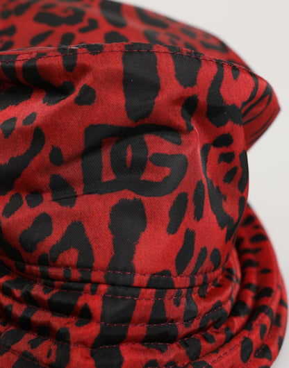 Casquette Bob Homme Dolce & Gabbana en Nylon Rouge Noir Imprimé Léopard