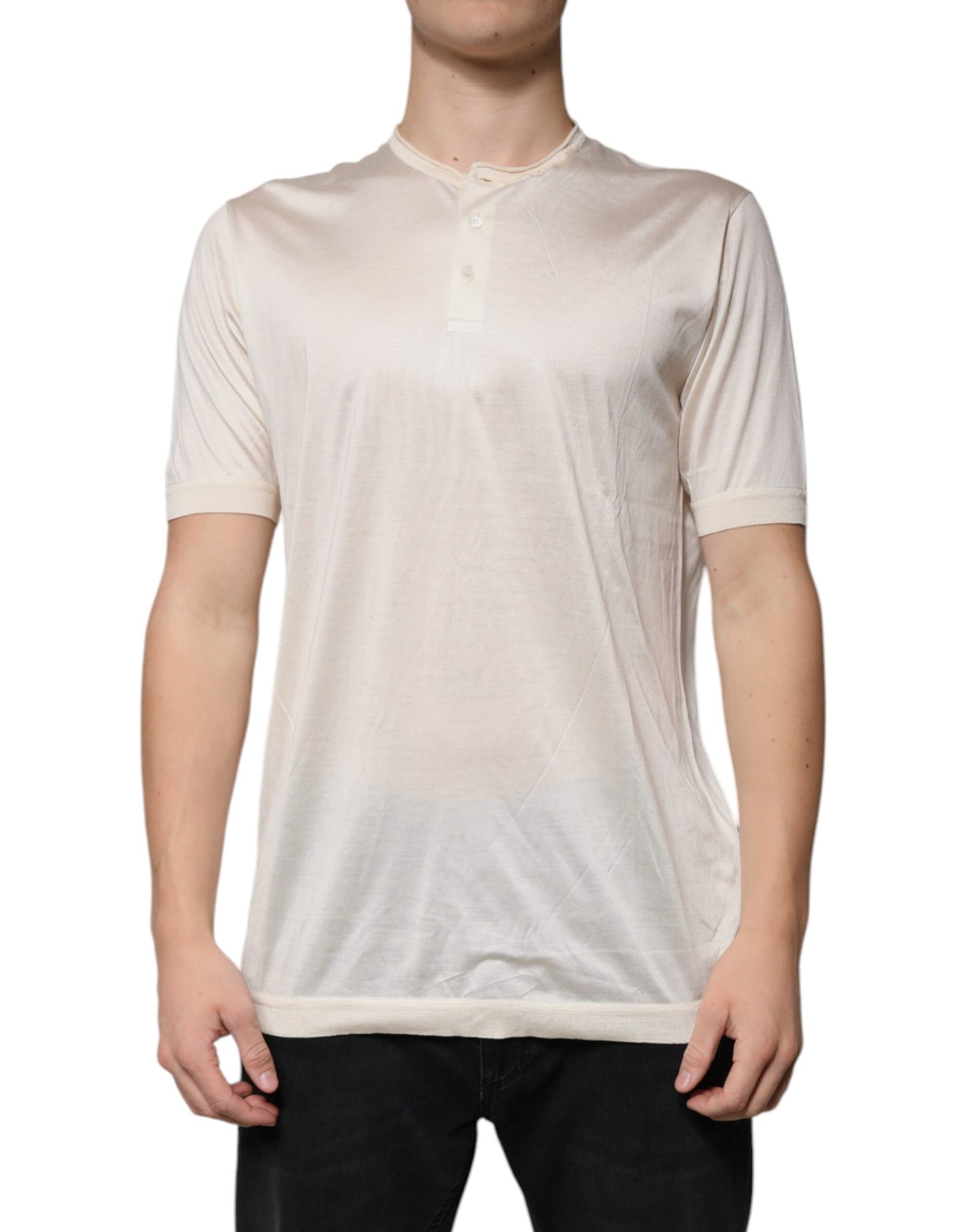 T-shirt à manches courtes en soie henley blanc cassé Dolce & Gabbana