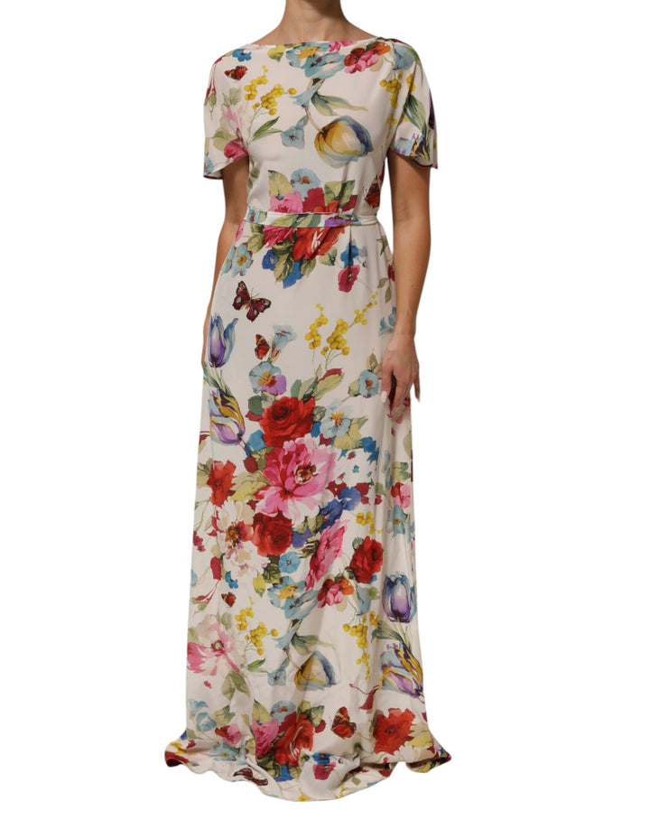 Vestido largo de seda Dolce & Gabbana blanco con estampado floral, modelo tubo