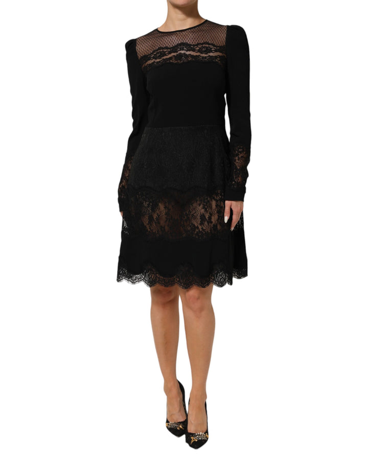 Vestido Dolce & Gabbana Negro Tipo Lápiz con Ribete de Encaje Floral y Corte Evasé