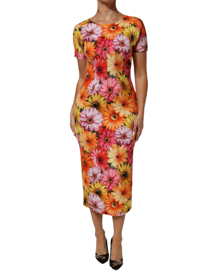 Vestido midi ceñido de seda con estampado floral multicolor de Dolce & Gabbana
