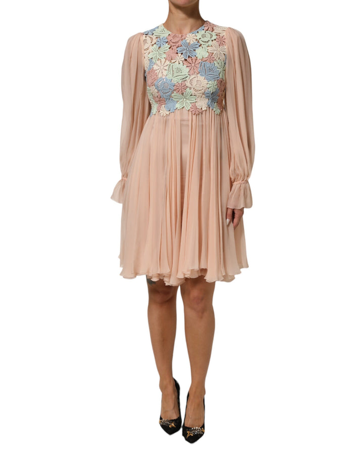 Vestido plisado con bordado floral rosa de corte A de Dolce & Gabbana