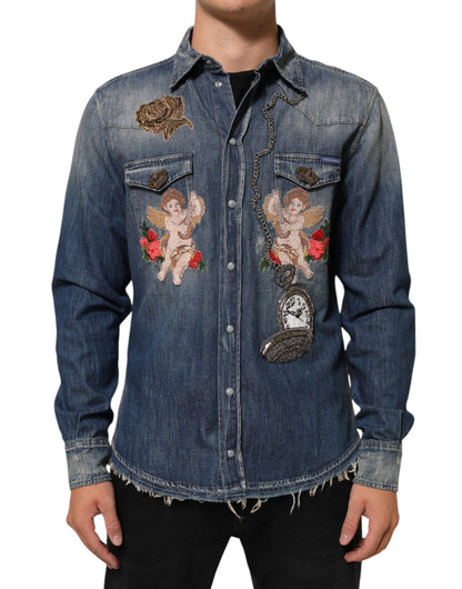 Camisa vaquera abotonada de hombre Dolce & Gabbana Blue Angel Patch