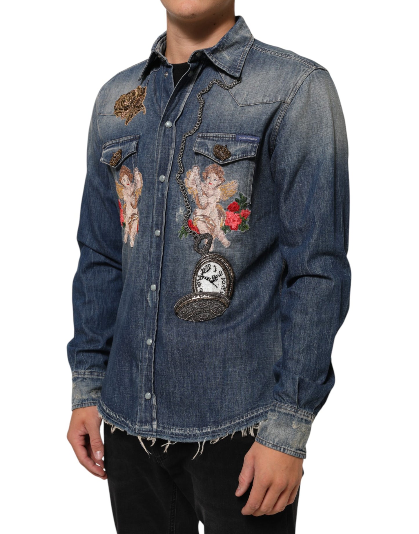 Camisa vaquera abotonada de hombre Dolce & Gabbana Blue Angel Patch