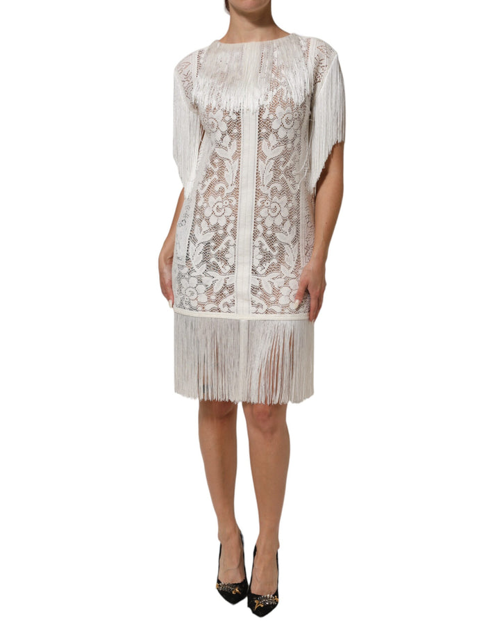 Vestido de encaje floral blanco con flecos a la rodilla Dolce & Gabbana