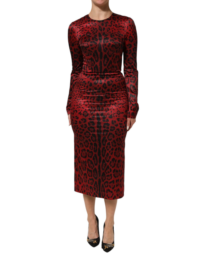 Vestido Tubo de Manga Larga con Estampado de Leopardo Rojo de Dolce & Gabbana