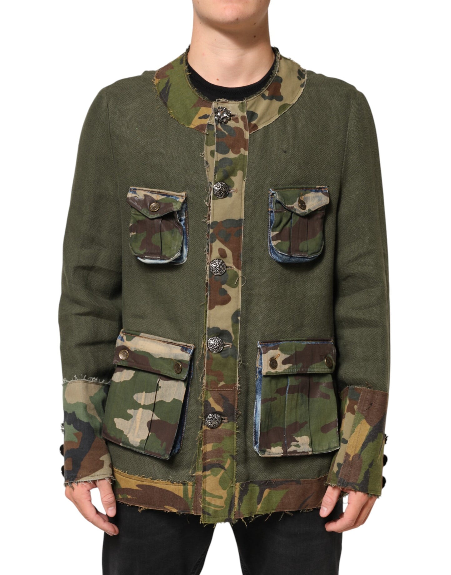 Chaqueta con botones de lino con estampado de camuflaje marrón de Dolce & Gabbana