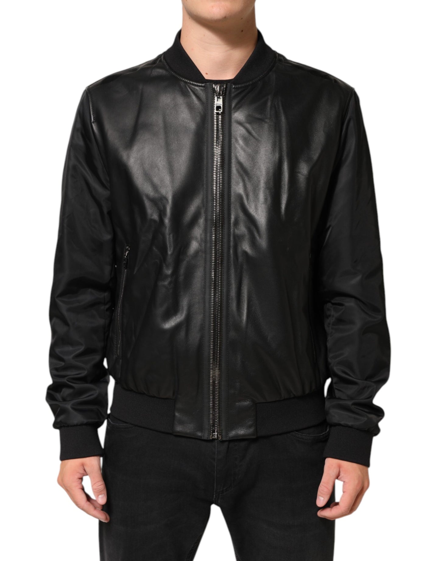 Chaqueta Blouson Dolce & Gabbana de cuero negro y nailon con cremallera completa
