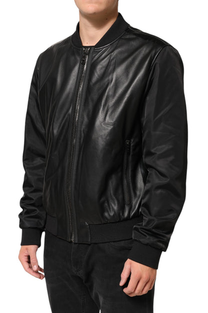 Chaqueta Blouson Dolce & Gabbana de cuero negro y nailon con cremallera completa