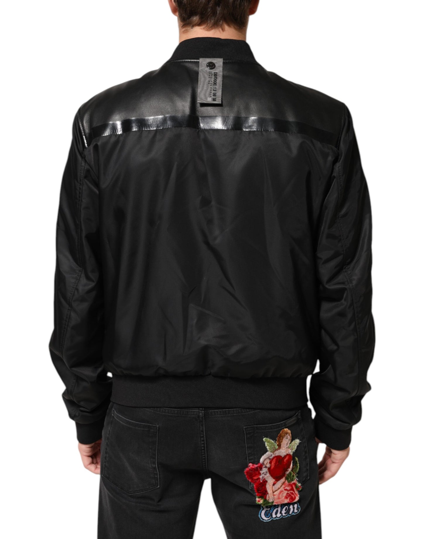 Chaqueta Blouson Dolce & Gabbana de cuero negro y nailon con cremallera completa