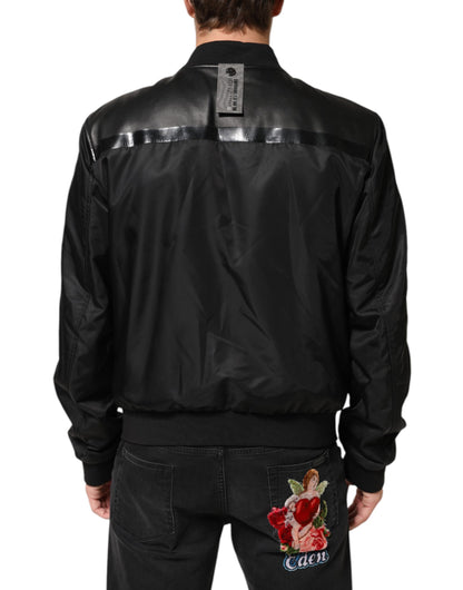 Chaqueta Blouson Dolce & Gabbana de cuero negro y nailon con cremallera completa