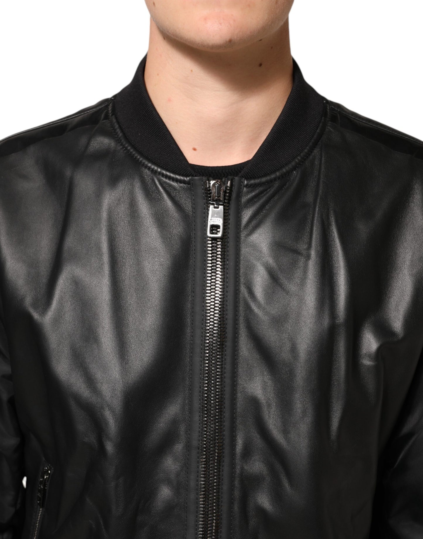 Chaqueta Blouson Dolce & Gabbana de cuero negro y nailon con cremallera completa