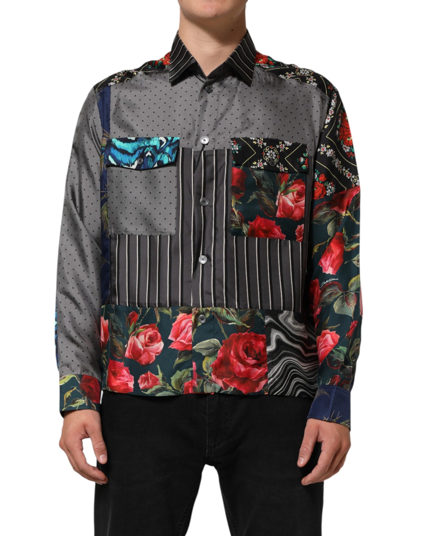 Chemise en soie à manches longues multicolore à patchwork Dolce & Gabbana