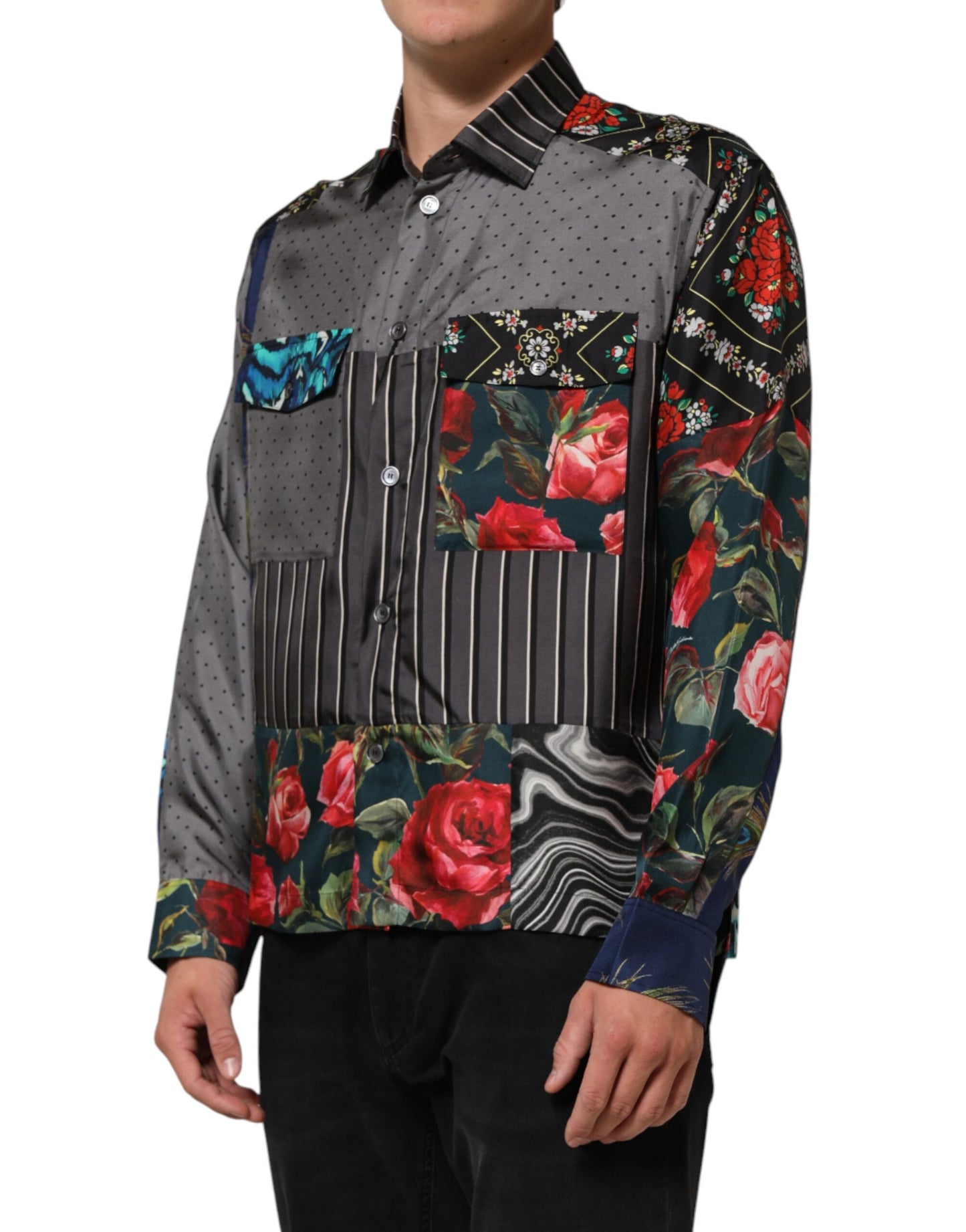 Chemise en soie à manches longues multicolore à patchwork Dolce & Gabbana
