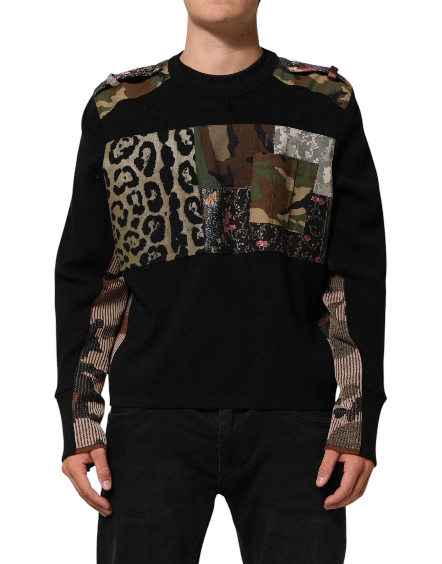 Suéter Dolce & Gabbana negro con cuello redondo y patchwork