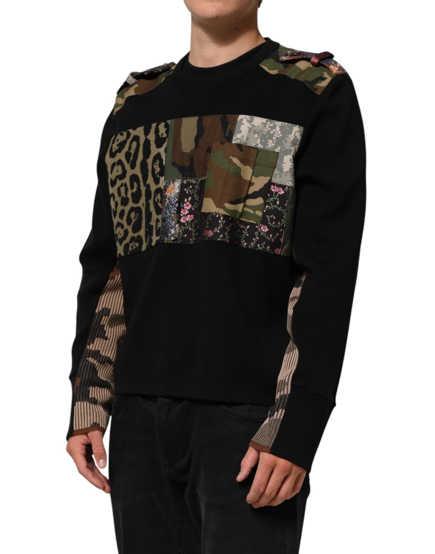 Suéter Dolce & Gabbana negro con cuello redondo y patchwork