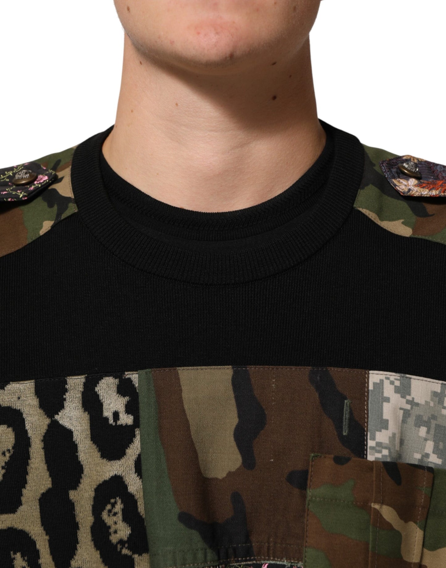 Suéter Dolce & Gabbana negro con cuello redondo y patchwork