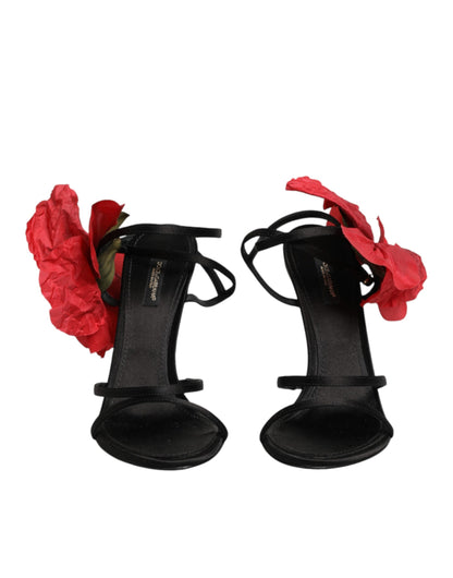 Dolce & Gabbana Escarpins Sandales à Brides et Fleurs en Cuir Noir
