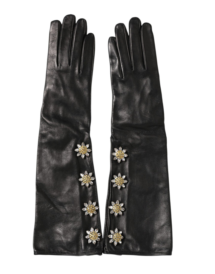 Gants longs mitaines en cuir noir ornés Dolce & Gabbana