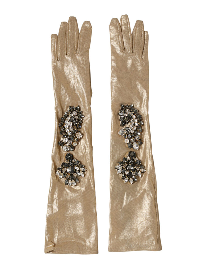 Gants Mitaines Longueur Coude en Satin Beige Ornés de Cristaux Dolce & Gabbana