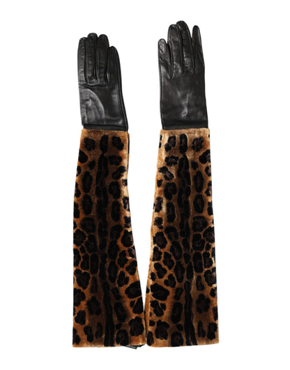 Mitaines en cuir léopard noir et marron Dolce & Gabbana longueur coude