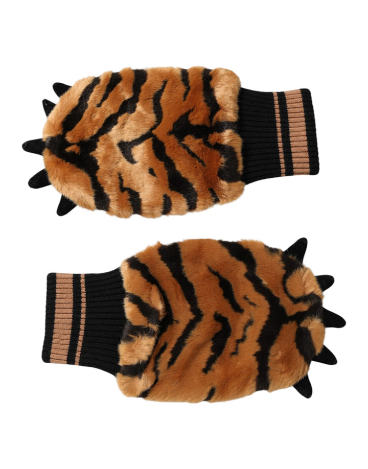 Dolce & Gabbana Guantes de una talla tipo mitón de punto de piel de tigre marrones