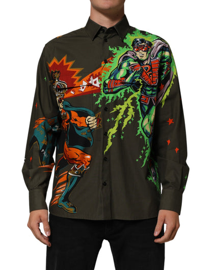 Camisa con botones y estampado de superhéroes verde de Dolce & Gabbana