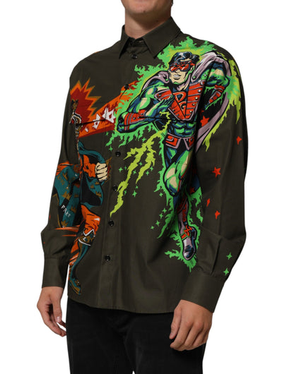 Camisa con botones y estampado de superhéroes verde de Dolce & Gabbana