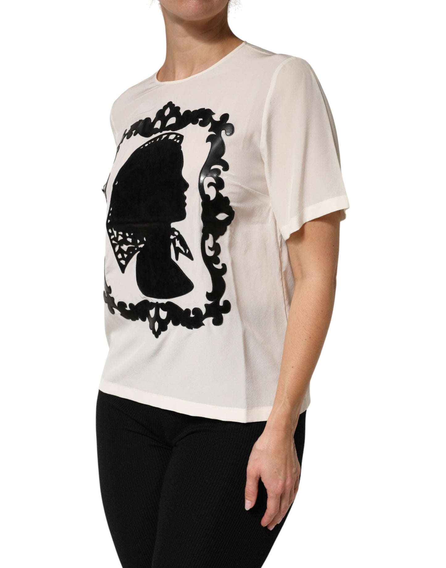 Top de manga corta Dolce & Gabbana de seda crema con detalle de silueta