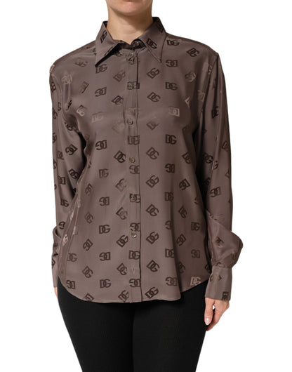 Top de camisa con cuello y manga larga en marrón con logotipo de Dolce & Gabbana