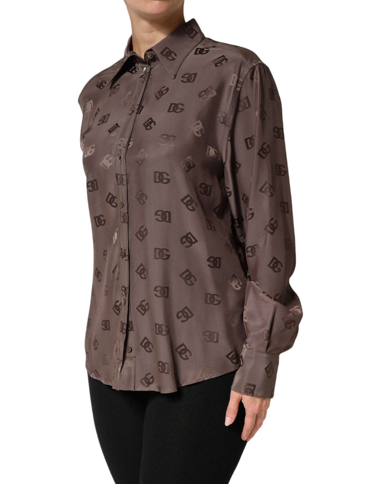 Top de camisa con cuello y manga larga en marrón con logotipo de Dolce & Gabbana