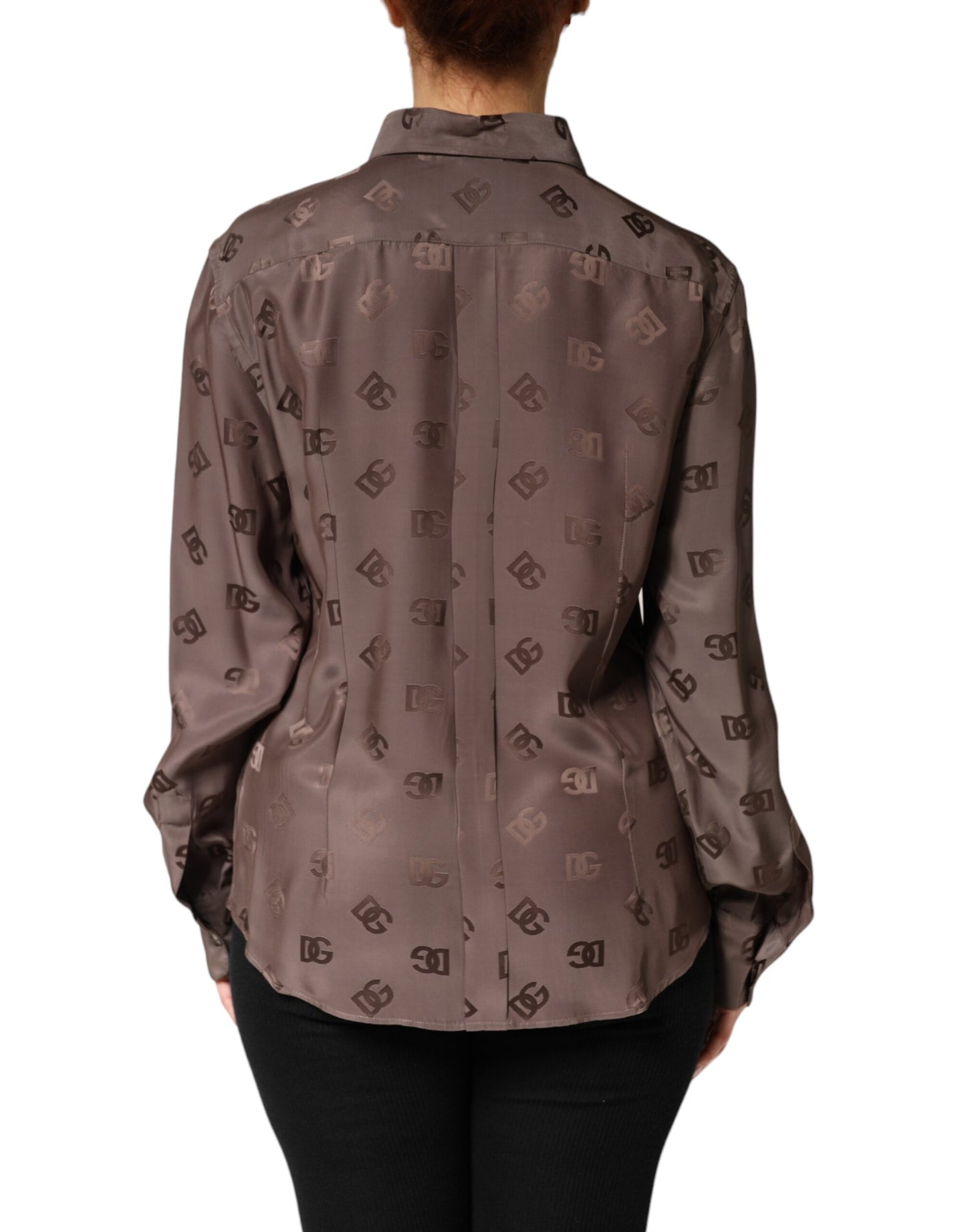 Top de camisa con cuello y manga larga en marrón con logotipo de Dolce & Gabbana