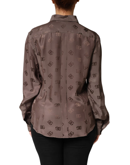 Top de camisa con cuello y manga larga en marrón con logotipo de Dolce & Gabbana