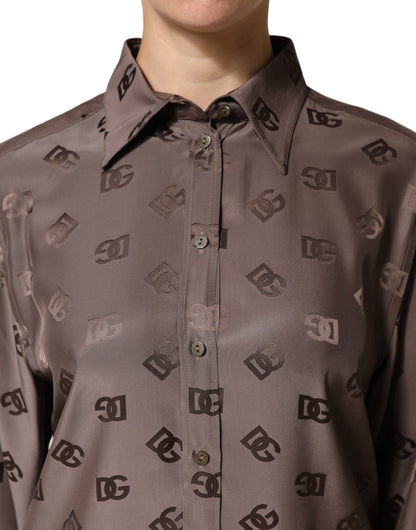 Top de camisa con cuello y manga larga en marrón con logotipo de Dolce & Gabbana