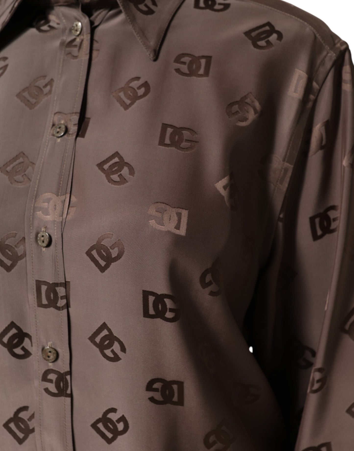 Top de camisa con cuello y manga larga en marrón con logotipo de Dolce & Gabbana