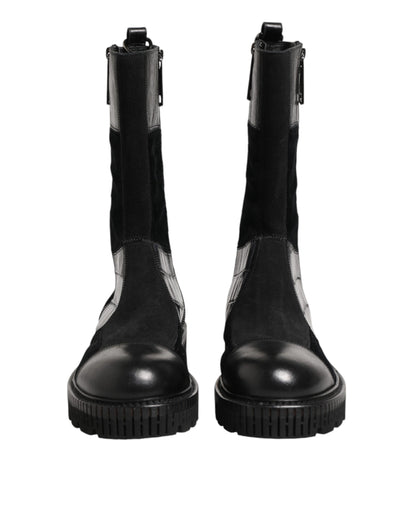Bottes mi-mollet en cuir noir patchwork Dolce & Gabbana