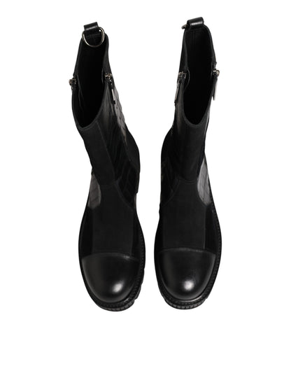 Bottes mi-mollet en cuir noir patchwork Dolce & Gabbana