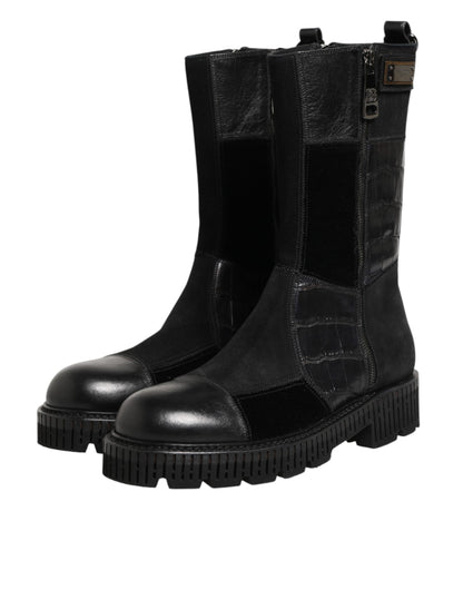 Bottes mi-mollet en cuir noir patchwork Dolce & Gabbana