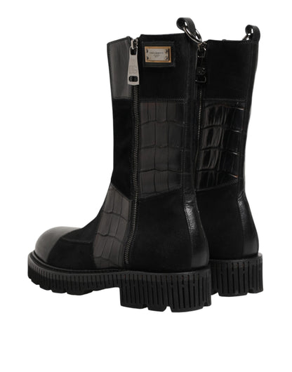 Bottes mi-mollet en cuir noir patchwork Dolce & Gabbana