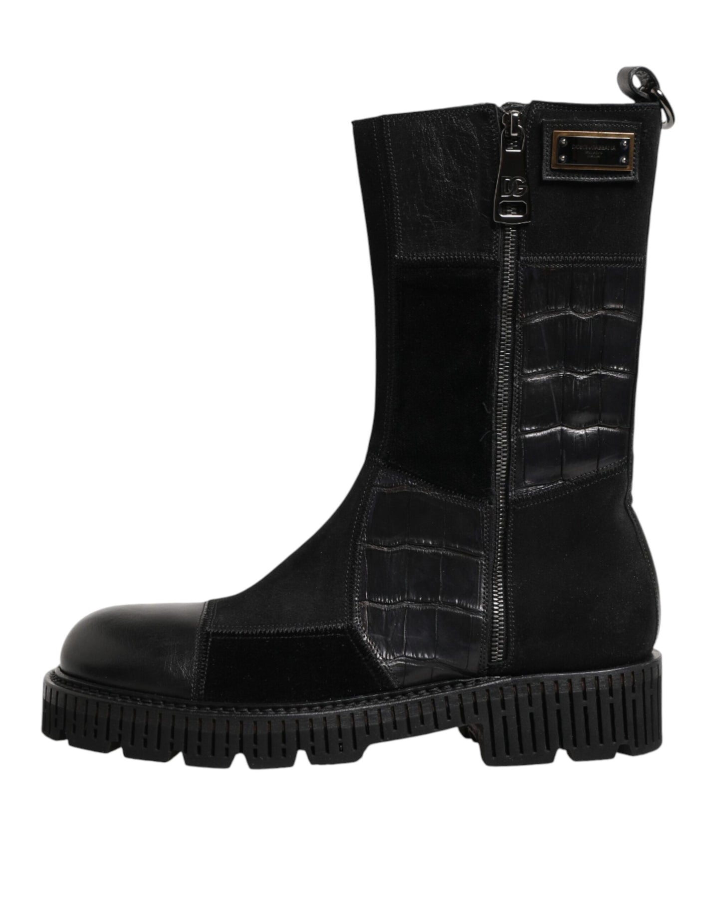 Bottes mi-mollet en cuir noir patchwork Dolce & Gabbana