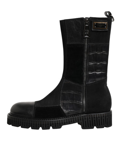 Bottes mi-mollet en cuir noir patchwork Dolce & Gabbana