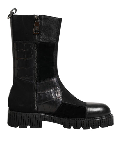 Bottes mi-mollet en cuir noir patchwork Dolce & Gabbana