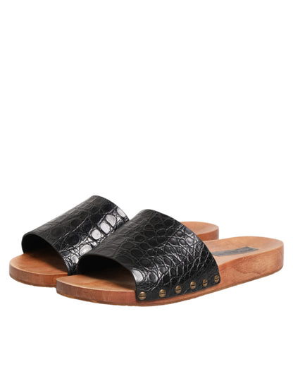 Dolce & Gabbana Sandalias Deslizantes de Piel Negra Marrón