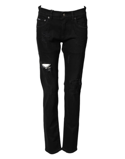 Jeans ajustados de mezclilla de algodón negro desgastado para hombre Dolce & Gabbana