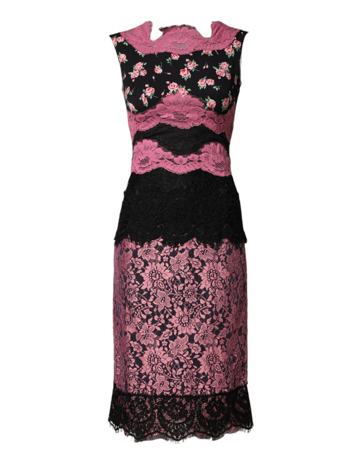 Vestido tubo de seda con encaje floral negro y rosa de Dolce & Gabbana