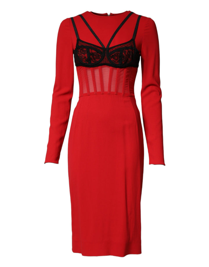Vestido midi de cady negro y rojo de Dolce & Gabbana con sujetador de contraste