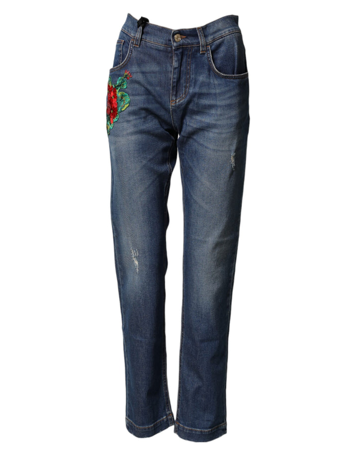 Vaqueros Boyfriend de Mezclilla Dolce & Gabbana Bordados Florales Azules