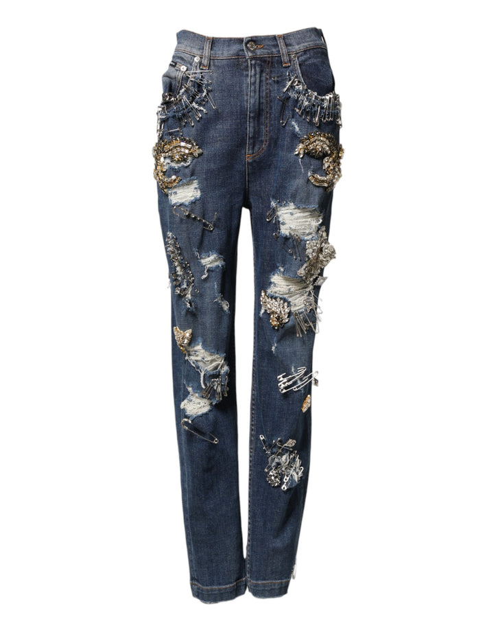 Jeans de mezclilla Dolce & Gabbana de algodón azul con adornos de diamantes de imitación