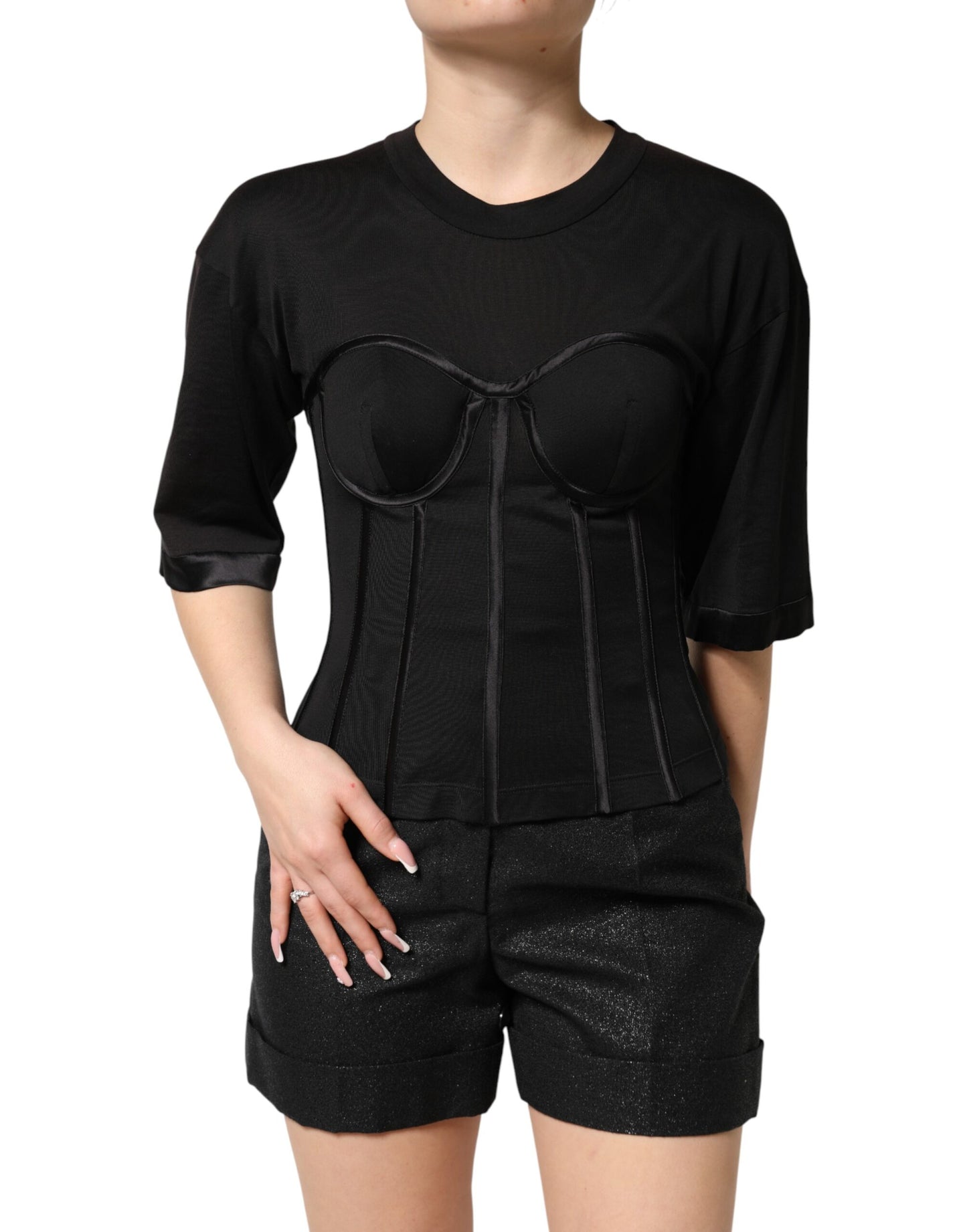Camiseta de manga corta con corsé de algodón negro tipo bustier Dolce & Gabbana