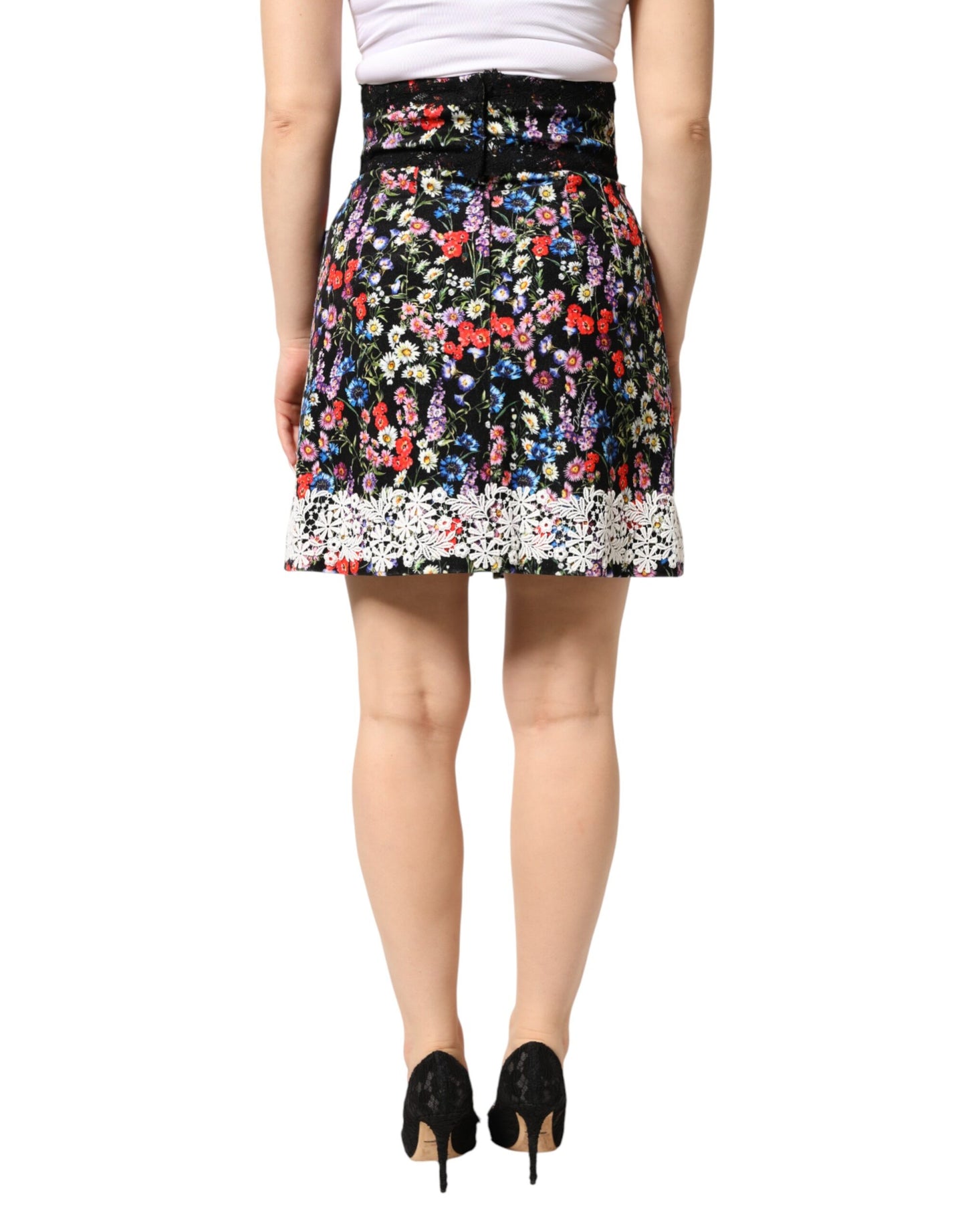 Minifalda de talle alto de algodón con encaje floral negro de Dolce & Gabbana
